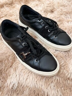 Salvatore Ferragamo Black Leather Sneakers with White Soles